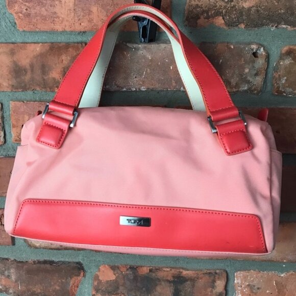 TUMI Nylon Satchel Leather Handles Purse Shoulder Bag Zip Pocket Pink Red Small - Picture 2 of 16